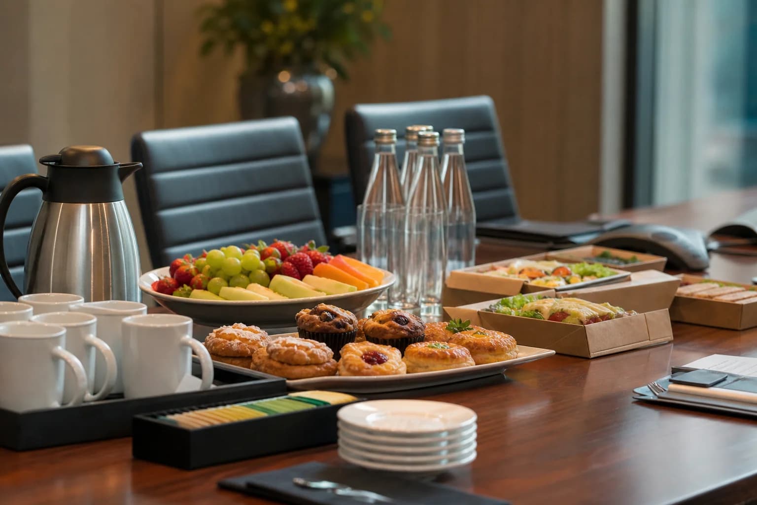 Elegant boardroom catering with coffee, pastries, and light lunch