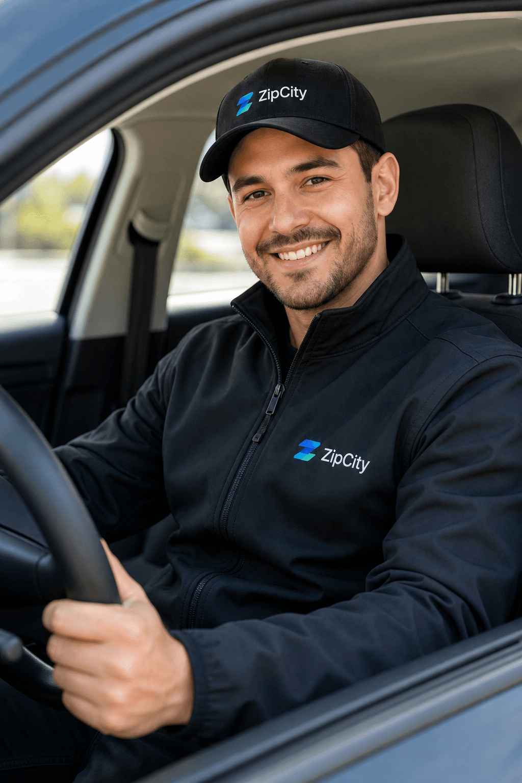 ZipCity driver smiling from inside a car