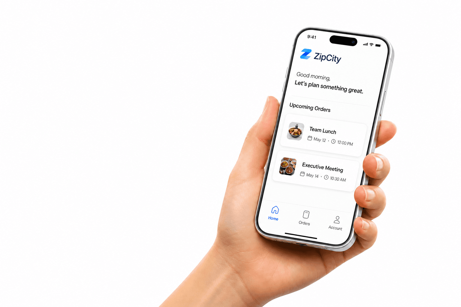 Hand holding a smartphone showing the ZipCity app on a white background