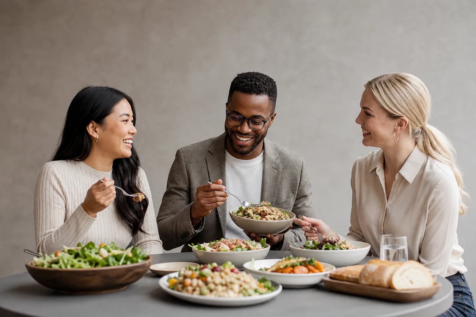 Team members sharing a thoughtfully planned workplace catering spread together